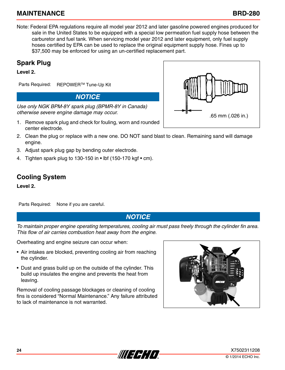 Spark plug, Cooling system, Maintenance brd-280 | Echo BRD-280 Serial S70812014075 - S70812999999 User Manual | Page 24 / 36