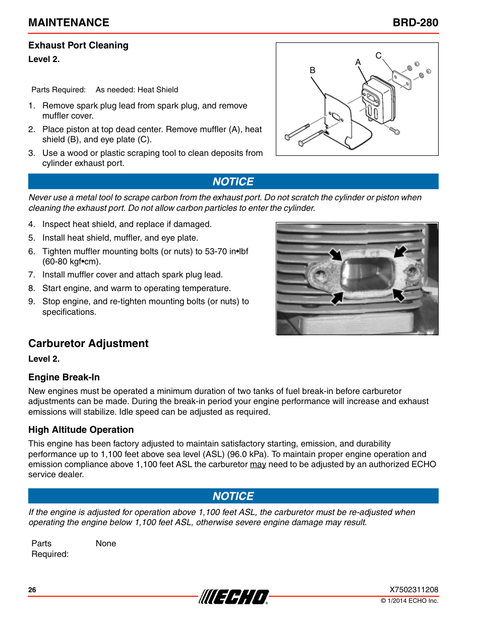 Exhaust port cleaning, Carburetor adjustment, Engine break-in | High altitude operation, Maintenance brd-280 | Echo BRD-280 Serial S70812014075 - S70812999999 User Manual | Page 26 / 36