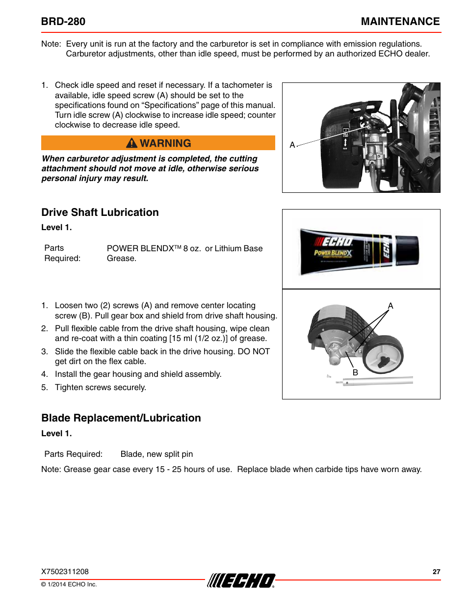 Drive shaft lubrication, Blade replacement/lubrication, Brd-280 maintenance | Echo BRD-280 Serial S70812014075 - S70812999999 User Manual | Page 27 / 36