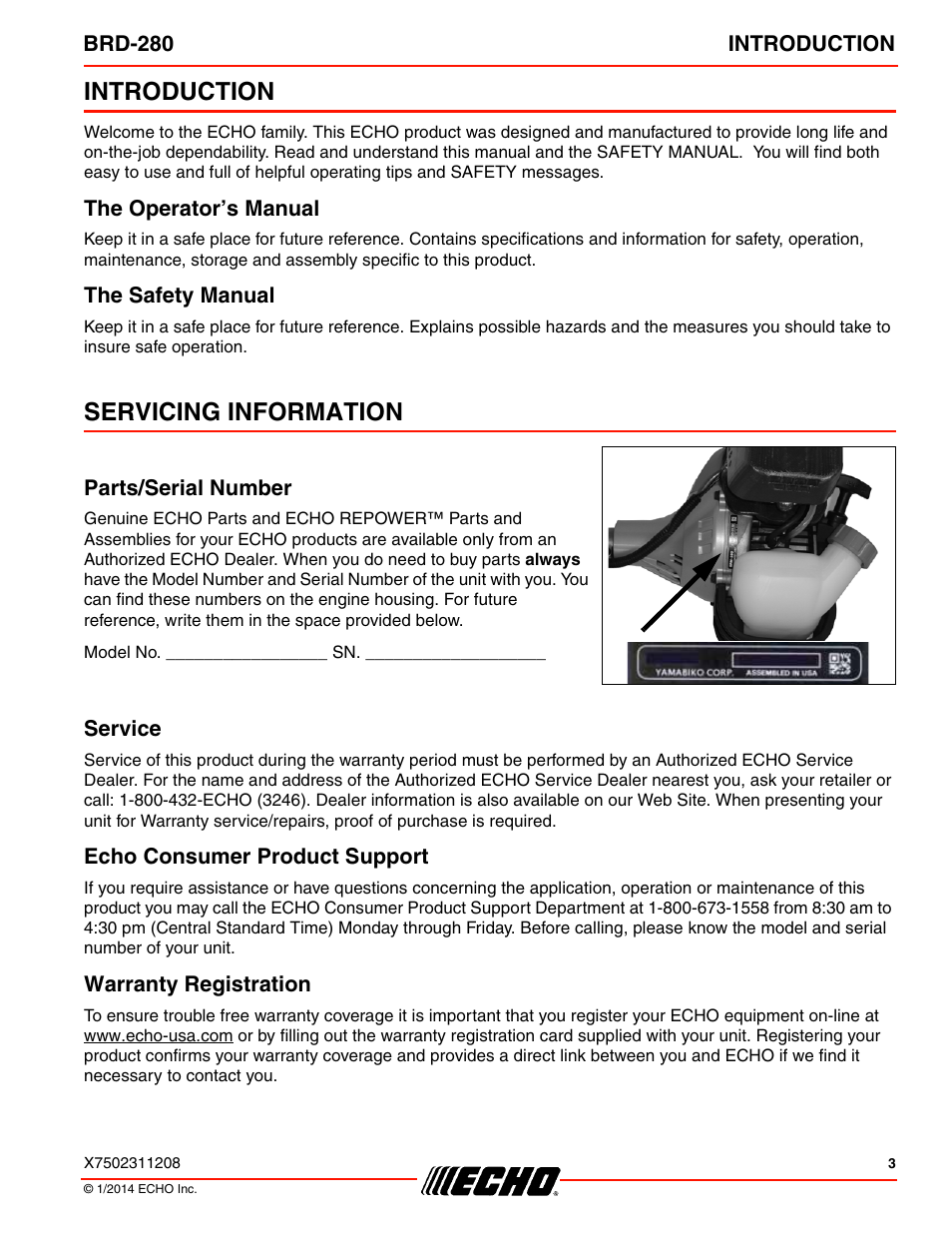 Introduction, The operator’s manual, The safety manual | Servicing information, Parts/serial number, Service, Echo consumer product support, Warranty registration, The operator’s manual the safety manual | Echo BRD-280 Serial S70812014075 - S70812999999 User Manual | Page 3 / 36