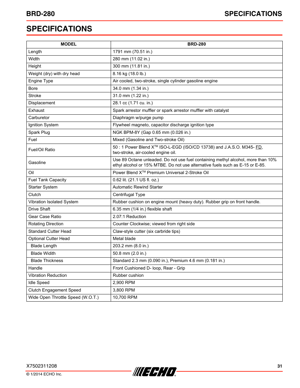 Specifications, Brd-280 specifications | Echo BRD-280 Serial S70812014075 - S70812999999 User Manual | Page 31 / 36