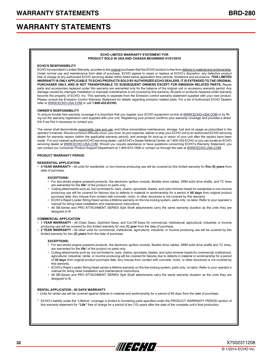 Warranty statements, Warranty statements brd-280 | Echo BRD-280 Serial S70812014075 - S70812999999 User Manual | Page 32 / 36