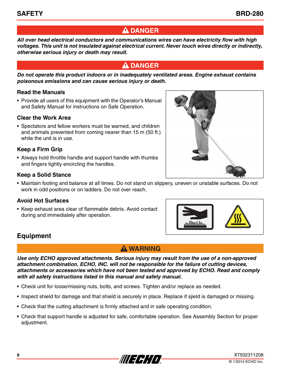 Read the manuals, Clear the work area, Keep a firm grip | Keep a solid stance, Avoid hot surfaces, Equipment, Safety brd-280 | Echo BRD-280 Serial S70812014075 - S70812999999 User Manual | Page 8 / 36