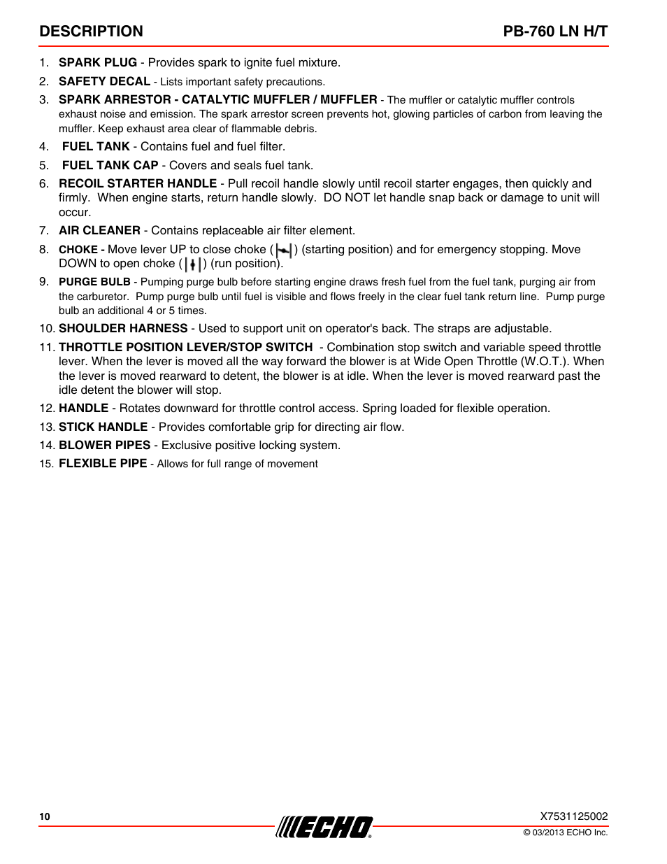 Description pb-760 ln h/t | Echo PB-760LNT User Manual | Page 10 / 36