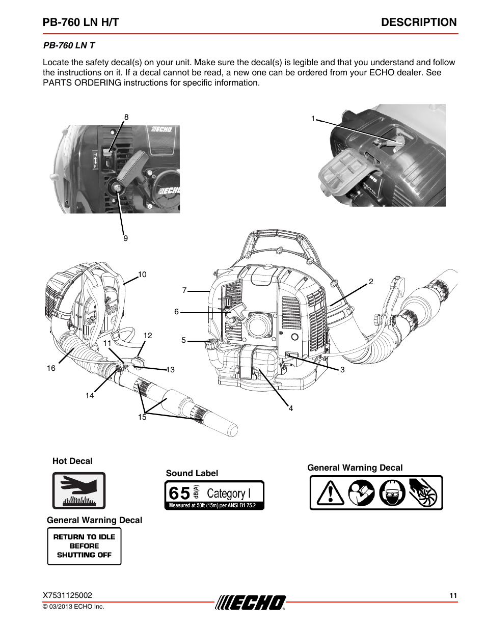 Pb-760 ln h/t description | Echo PB-760LNT User Manual | Page 11 / 36