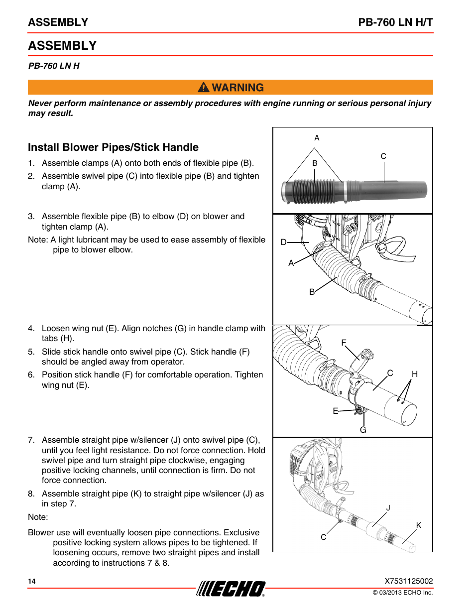 Assembly, Install blower pipes/stick handle, Assembly pb-760 ln h/t | Echo PB-760LNT User Manual | Page 14 / 36