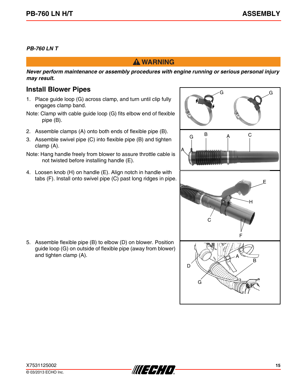 Install blower pipes, Pb-760 ln h/t assembly | Echo PB-760LNT User Manual | Page 15 / 36