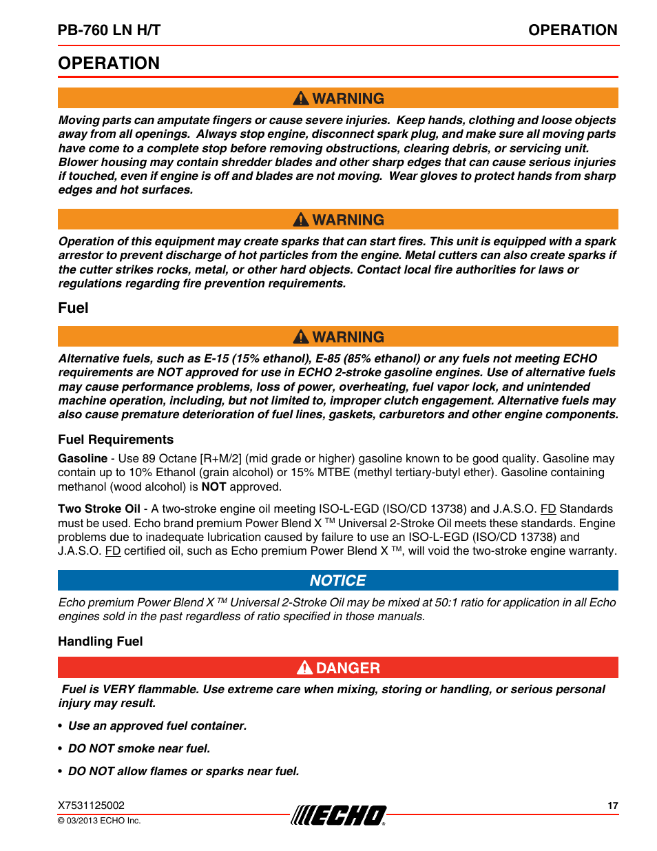 Operation, Fuel, Fuel requirements | Handling fuel, Pb-760 ln h/t operation | Echo PB-760LNT User Manual | Page 17 / 36