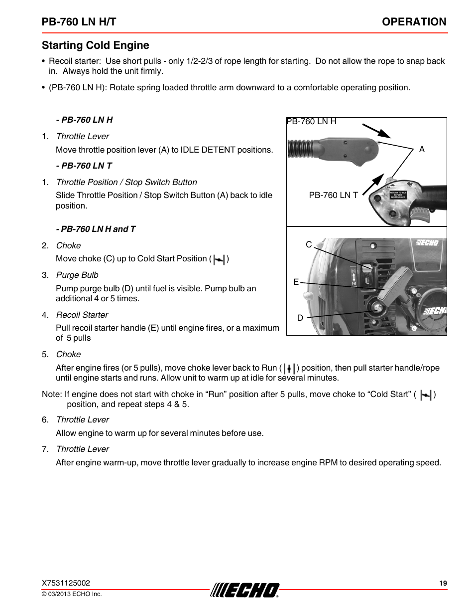 Starting cold engine, Pb-760 ln h/t operation | Echo PB-760LNT User Manual | Page 19 / 36