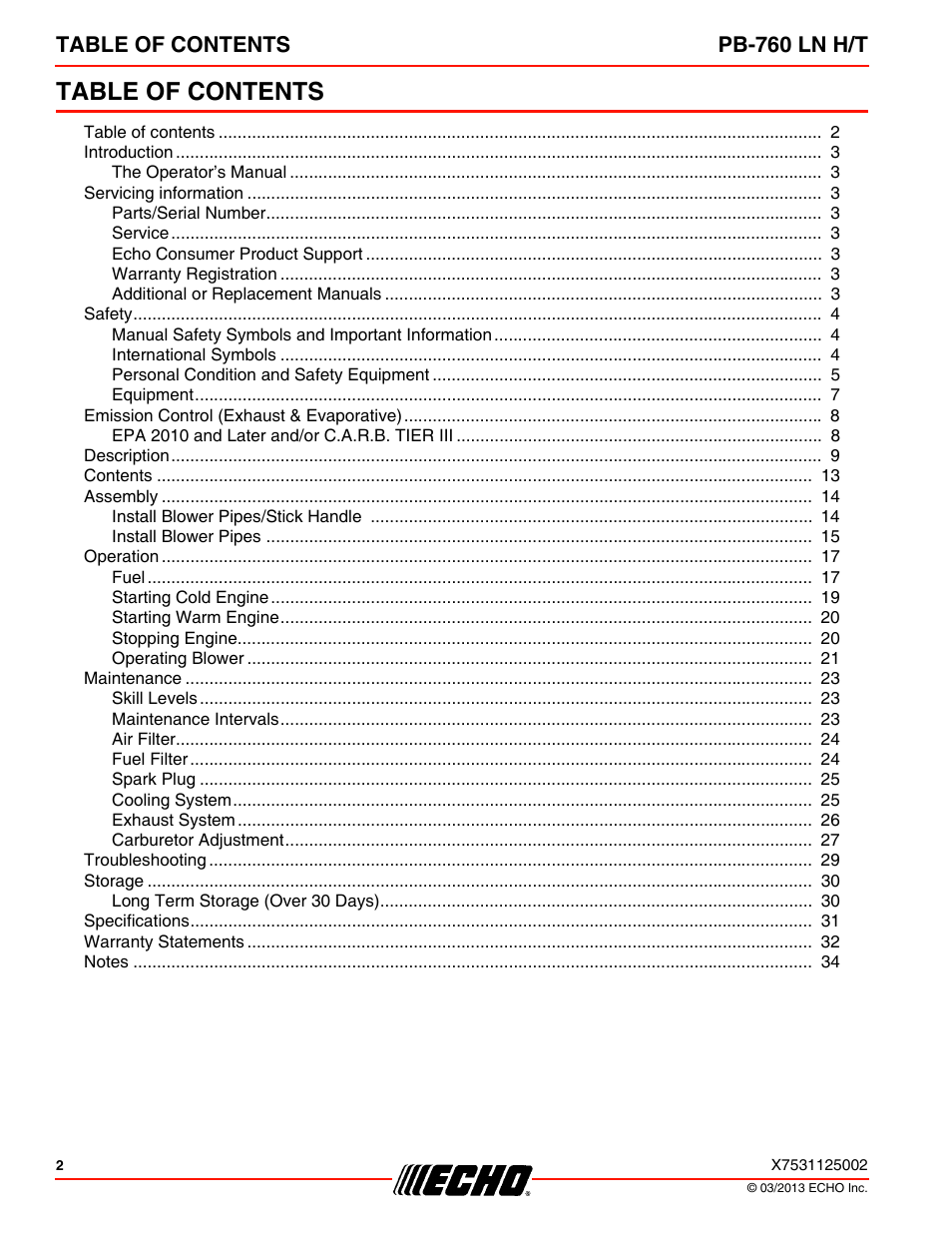 Echo PB-760LNT User Manual | Page 2 / 36