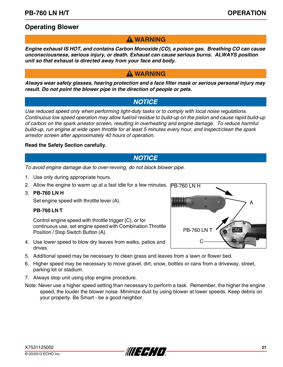 Operating blower, Pb-760 ln h/t operation | Echo PB-760LNT User Manual | Page 21 / 36