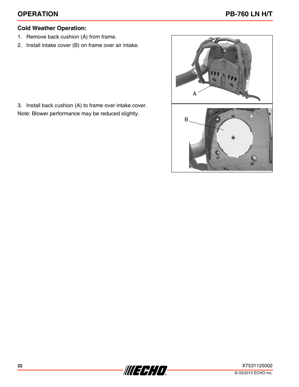 Cold weather operation, Operation pb-760 ln h/t | Echo PB-760LNT User Manual | Page 22 / 36