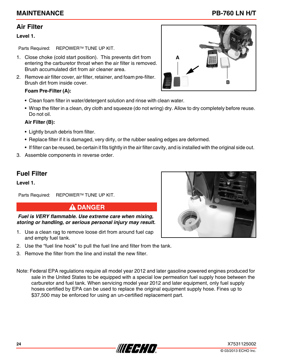 Air filter, Fuel filter, Maintenance pb-760 ln h/t air filter | Echo PB-760LNT User Manual | Page 24 / 36