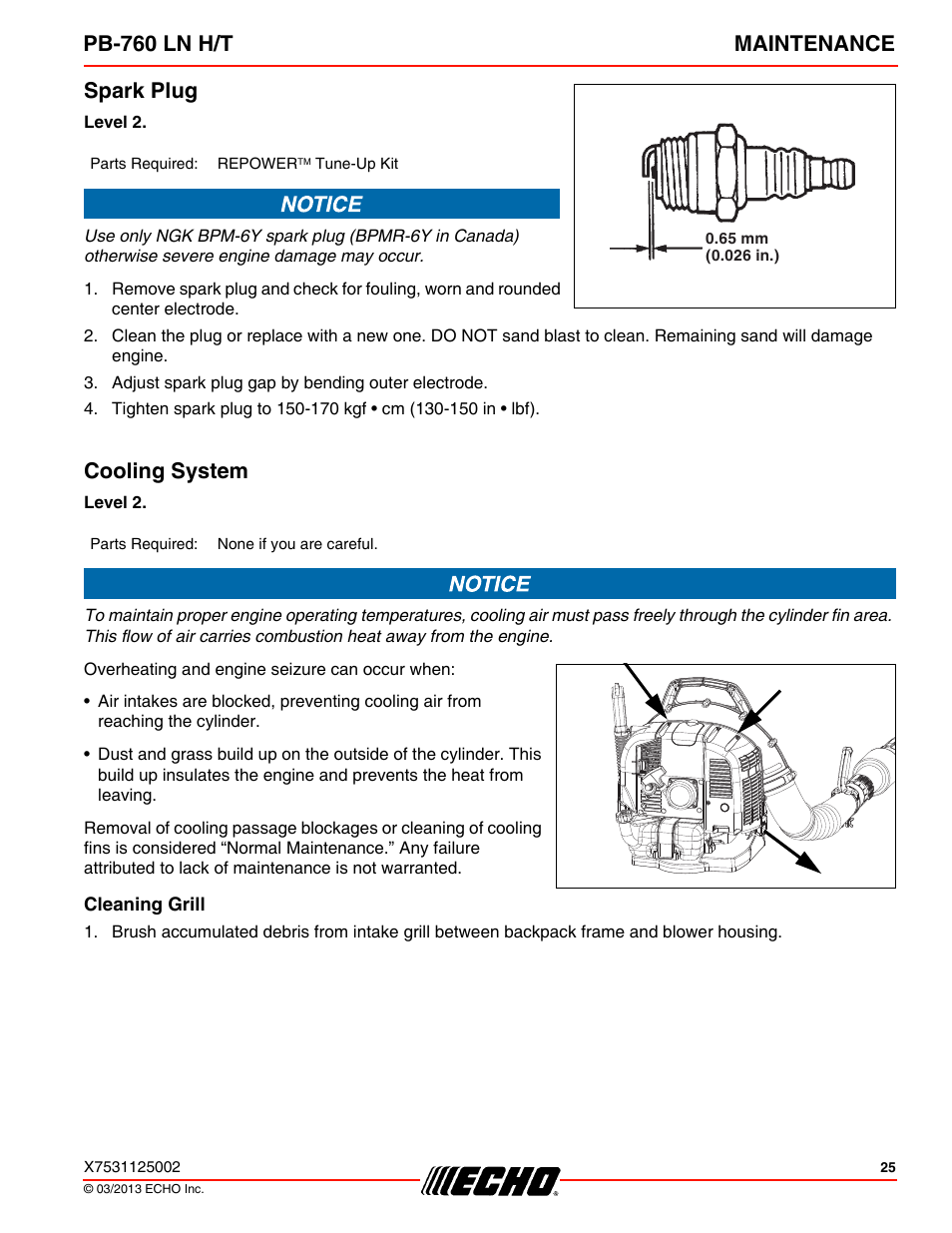 Spark plug, Cooling system, Cleaning grill | Pb-760 ln h/t maintenance | Echo PB-760LNT User Manual | Page 25 / 36