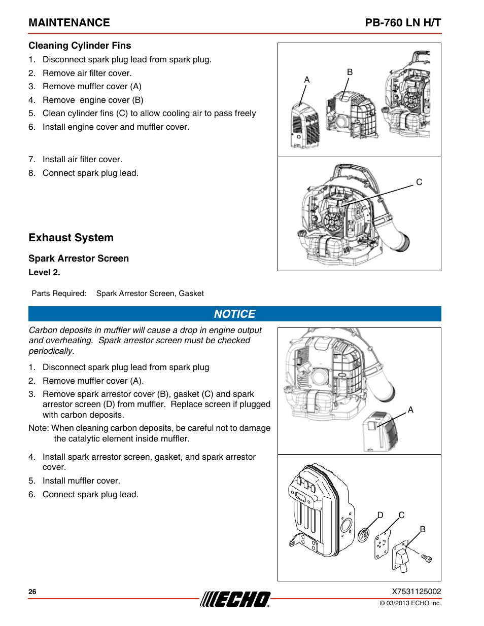 Cleaning cylinder fins, Exhaust system, Spark arrestor screen | Maintenance pb-760 ln h/t | Echo PB-760LNT User Manual | Page 26 / 36