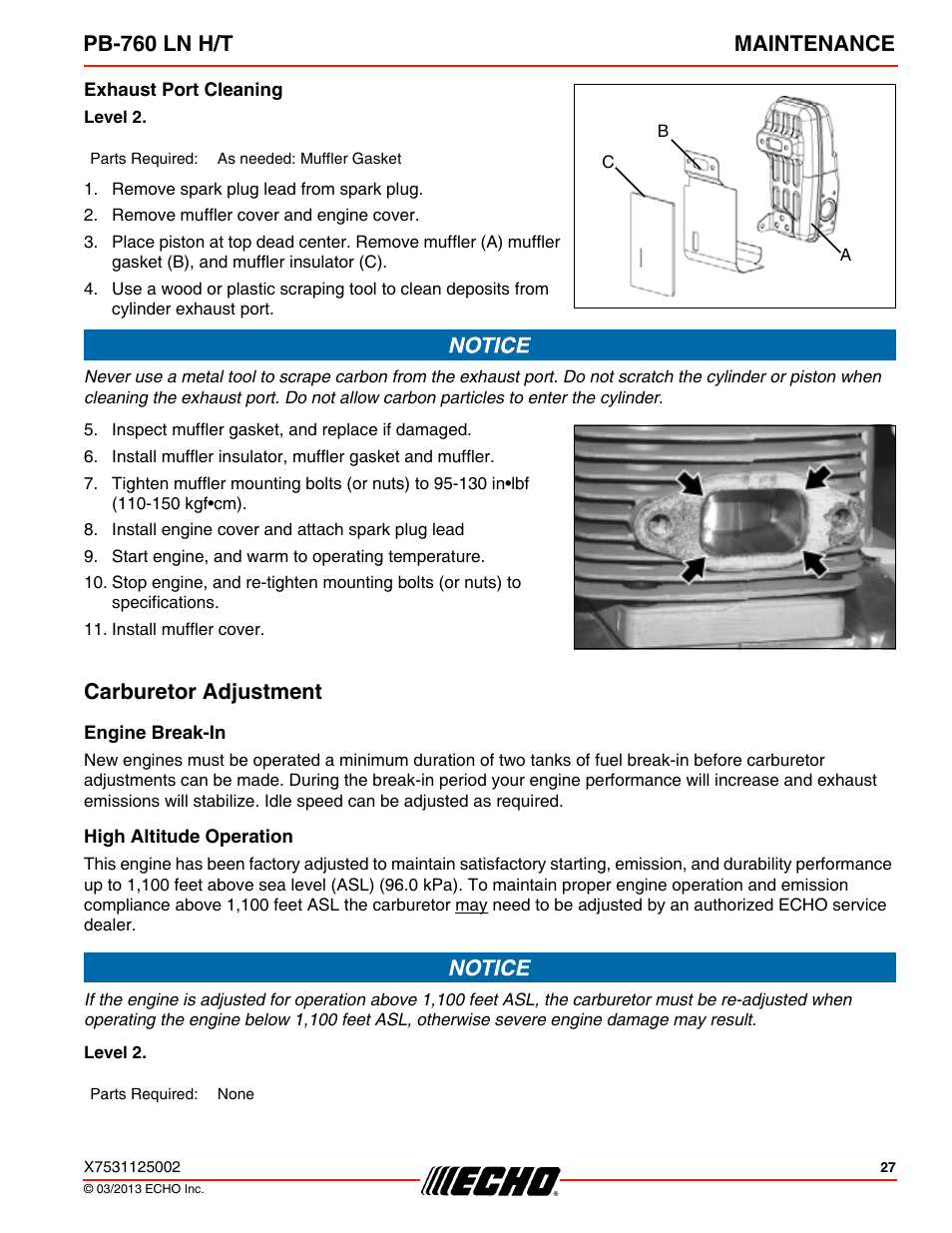 Exhaust port cleaning, Carburetor adjustment, Engine break-in | High altitude operation, Pb-760 ln h/t maintenance | Echo PB-760LNT User Manual | Page 27 / 36