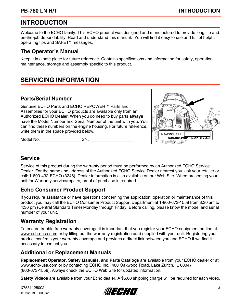 Introduction, The operator’s manual, Servicing information | Parts/serial number, Service, Echo consumer product support, Warranty registration, Additional or replacement manuals | Echo PB-760LNT User Manual | Page 3 / 36