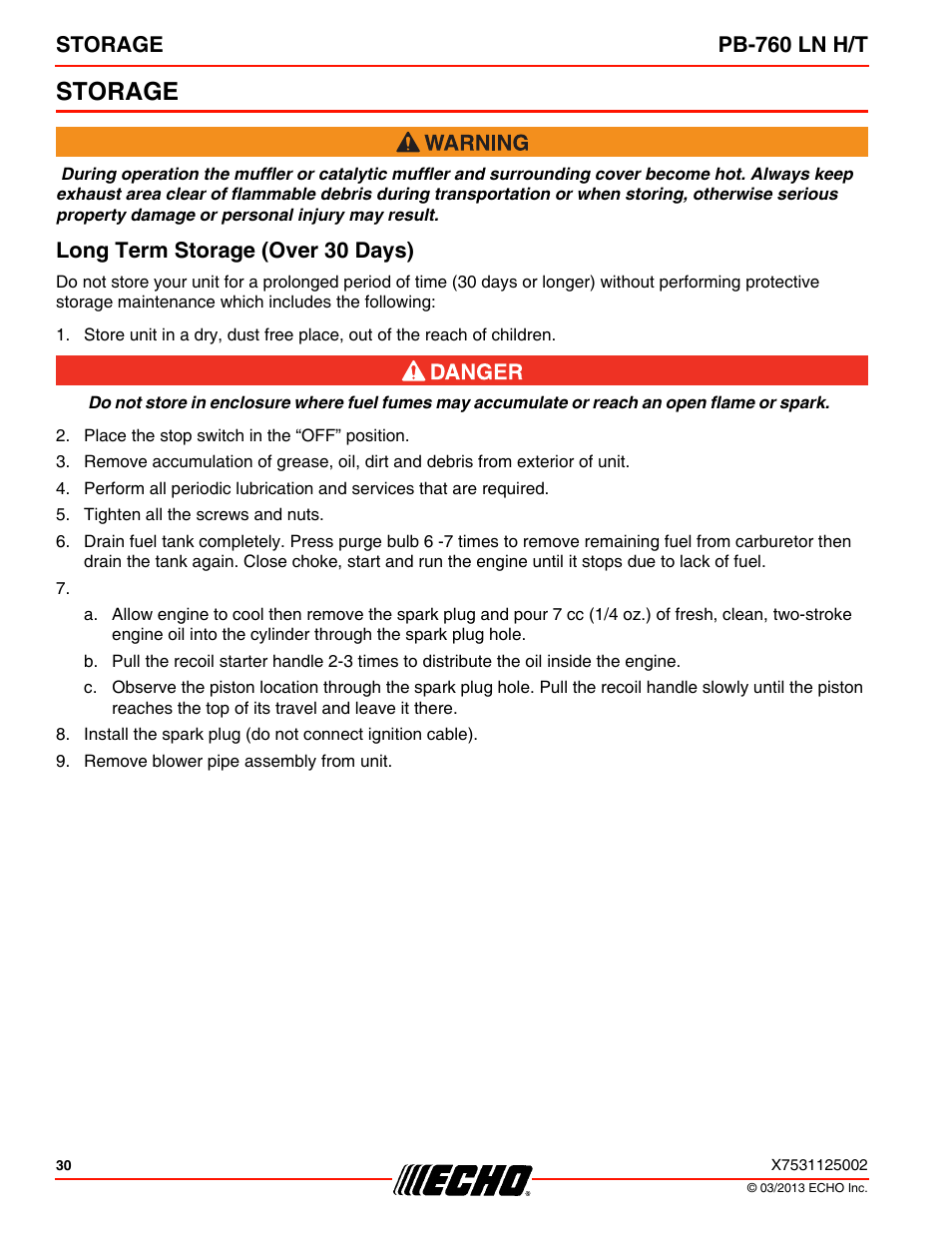 Storage, Long term storage (over 30 days), Storage pb-760 ln h/t | Echo PB-760LNT User Manual | Page 30 / 36