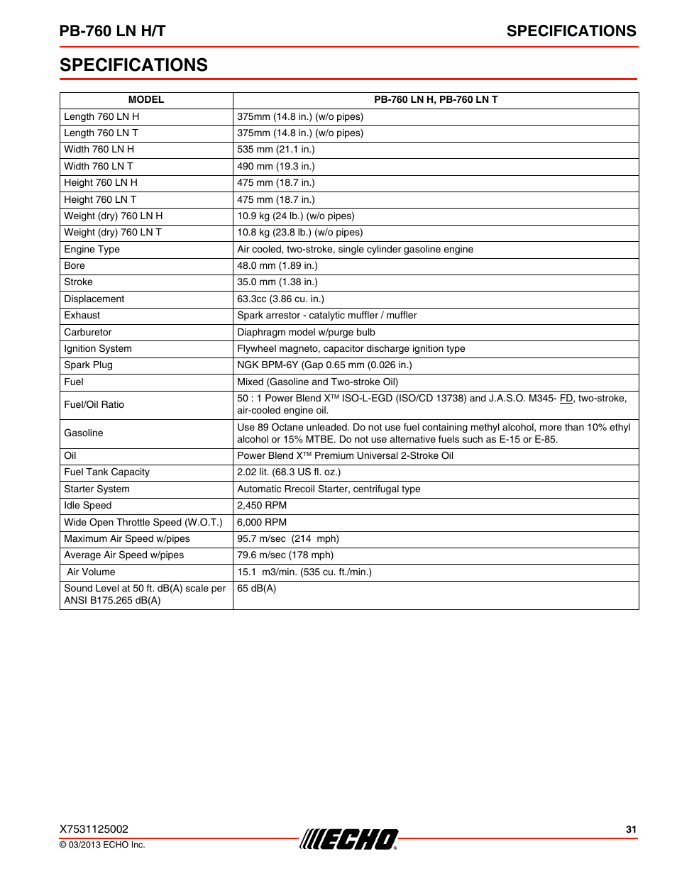 Specifications, Pb-760 ln h/t specifications | Echo PB-760LNT User Manual | Page 31 / 36