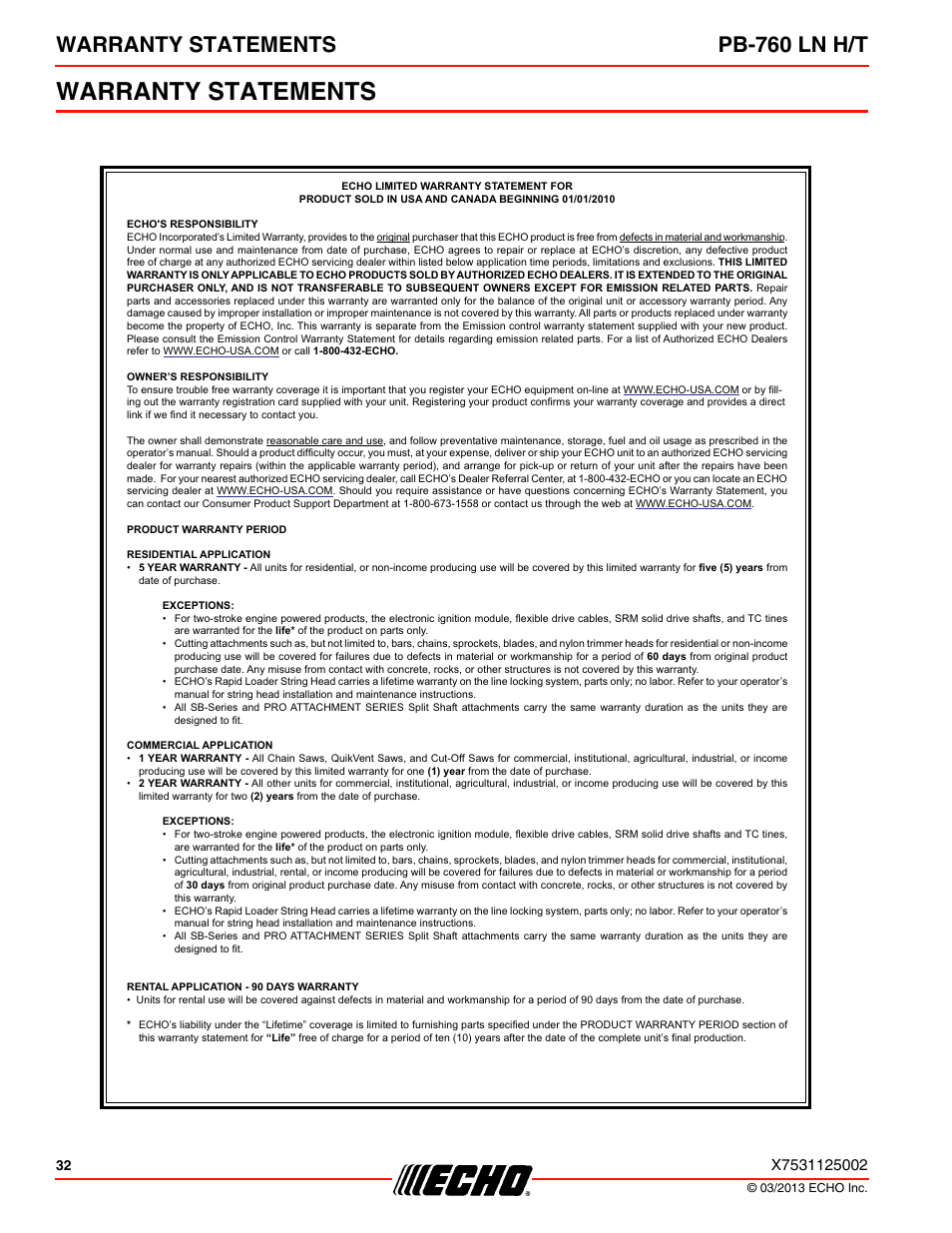 Warranty statements, Warranty statements pb-760 ln h/t | Echo PB-760LNT User Manual | Page 32 / 36