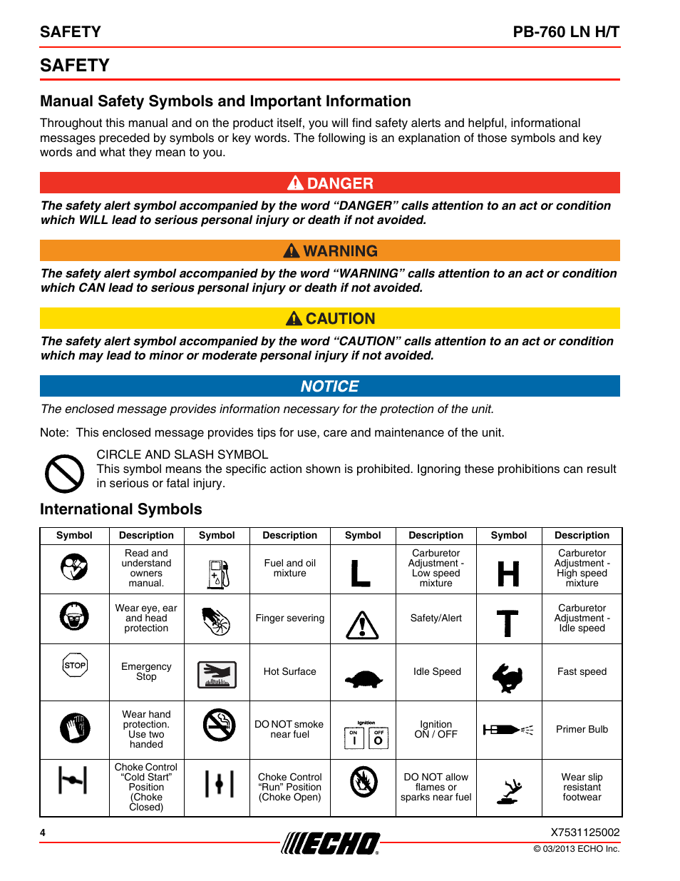 Safety, Manual safety symbols and important information, International symbols | Safety pb-760 ln h/t | Echo PB-760LNT User Manual | Page 4 / 36