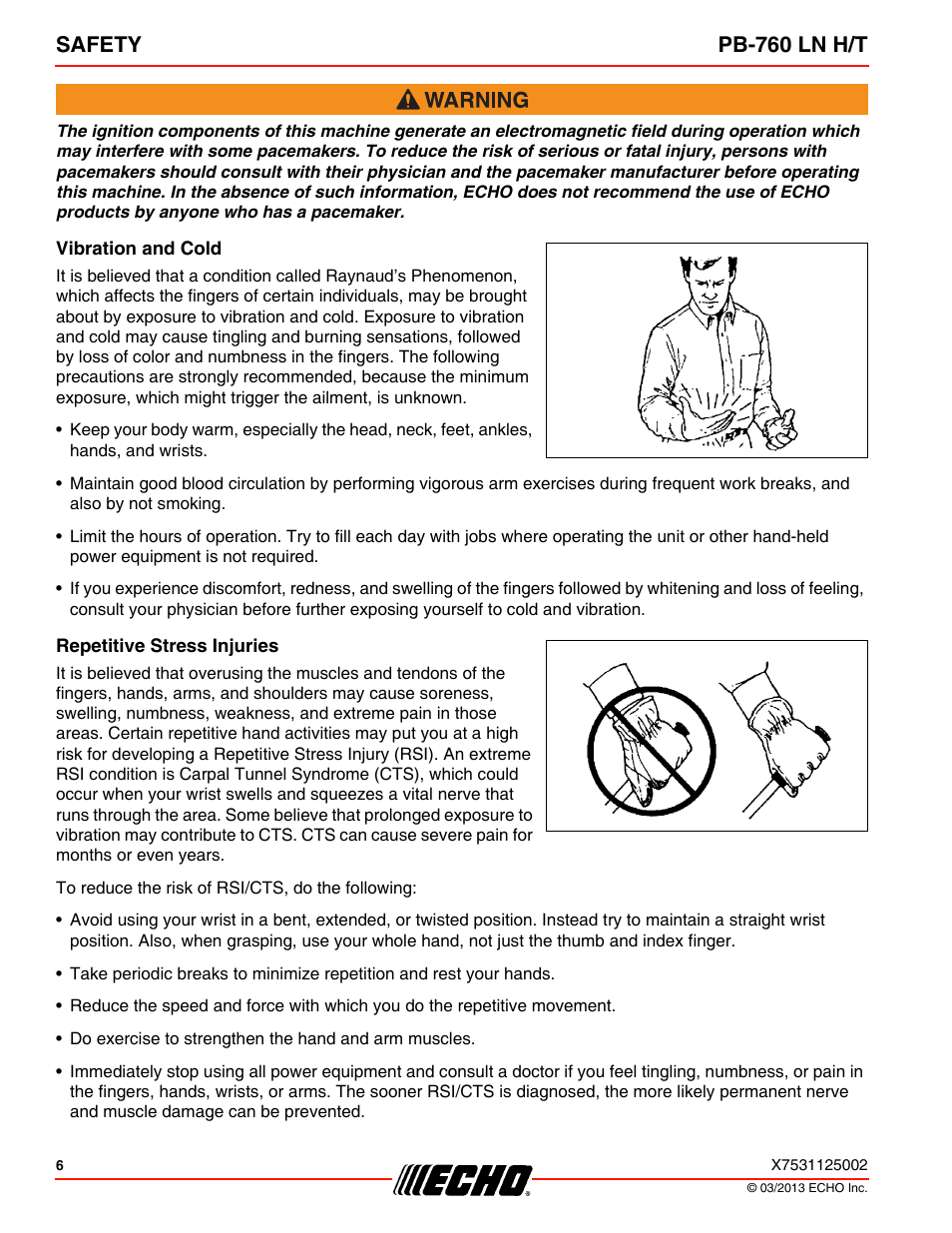 Vibration and cold, Repetitive stress injuries, Safety pb-760 ln h/t | Echo PB-760LNT User Manual | Page 6 / 36