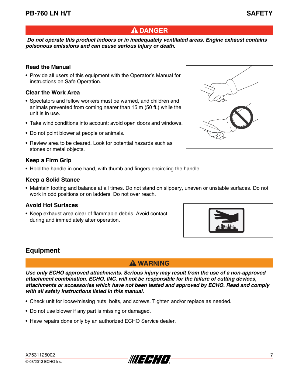 Read the manual, Clear the work area, Keep a firm grip | Keep a solid stance, Avoid hot surfaces, Equipment, Pb-760 ln h/t safety | Echo PB-760LNT User Manual | Page 7 / 36