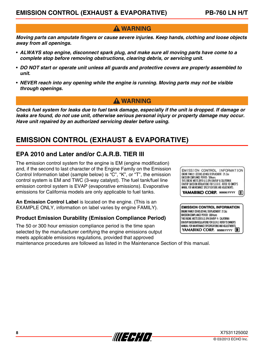 Emission control (exhaust & evaporative), Epa 2010 and later and/or c.a.r.b. tier iii | Echo PB-760LNT User Manual | Page 8 / 36