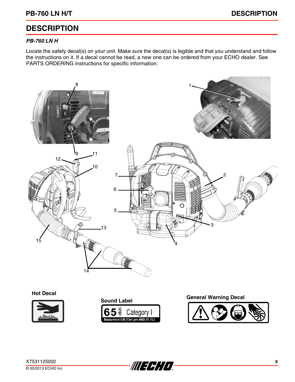 Description, Pb-760 ln h/t description | Echo PB-760LNT User Manual | Page 9 / 36