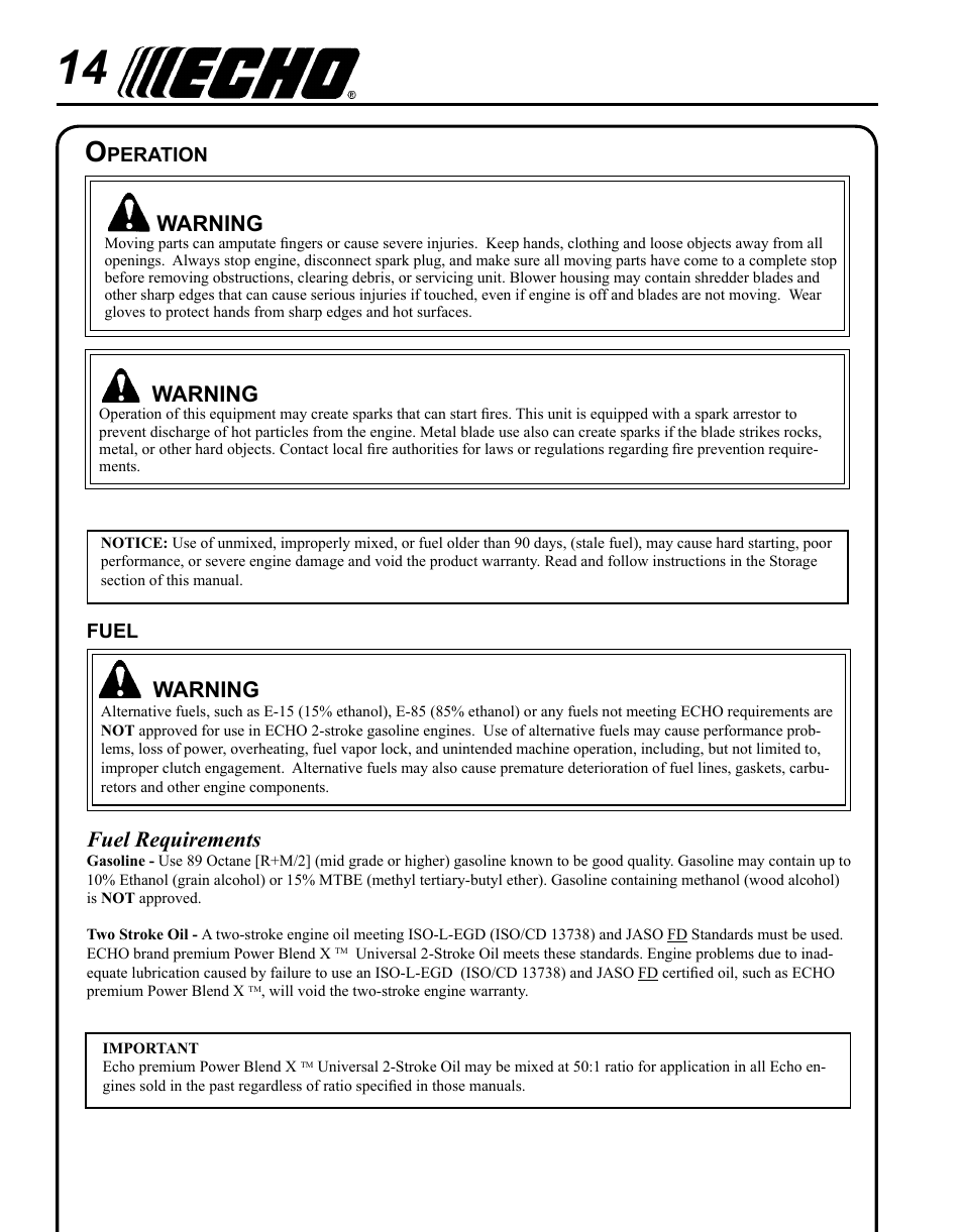 Warning, Fuel requirements | Echo PB-755ST User Manual | Page 14 / 32