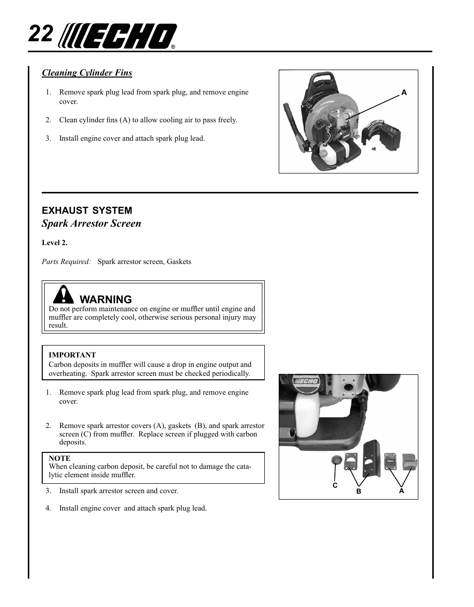 Spark arrestor screen, Warning | Echo PB-755ST User Manual | Page 22 / 32