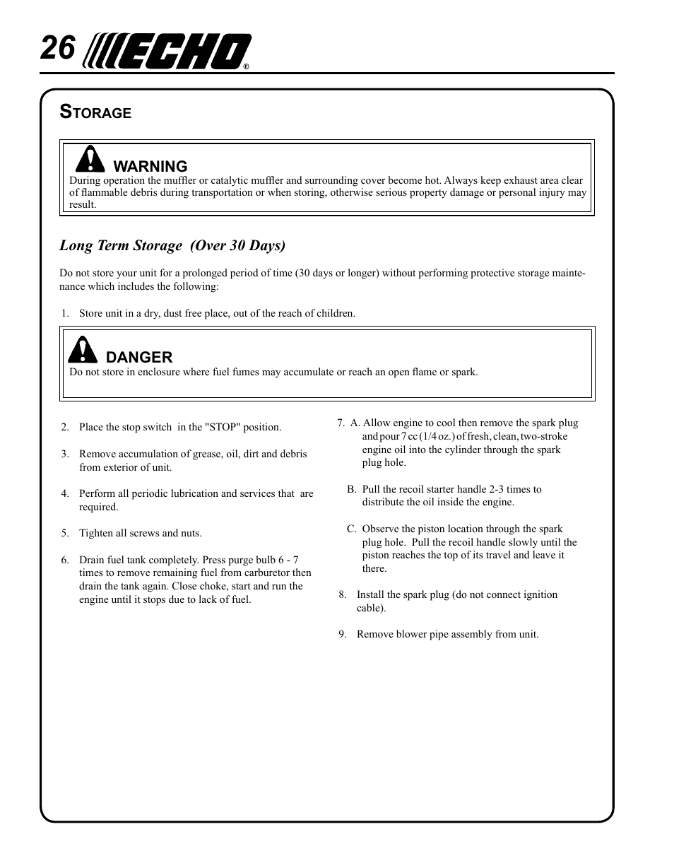 Danger, Warning, Long term storage (over 30 days) | Echo PB-755ST User Manual | Page 26 / 32