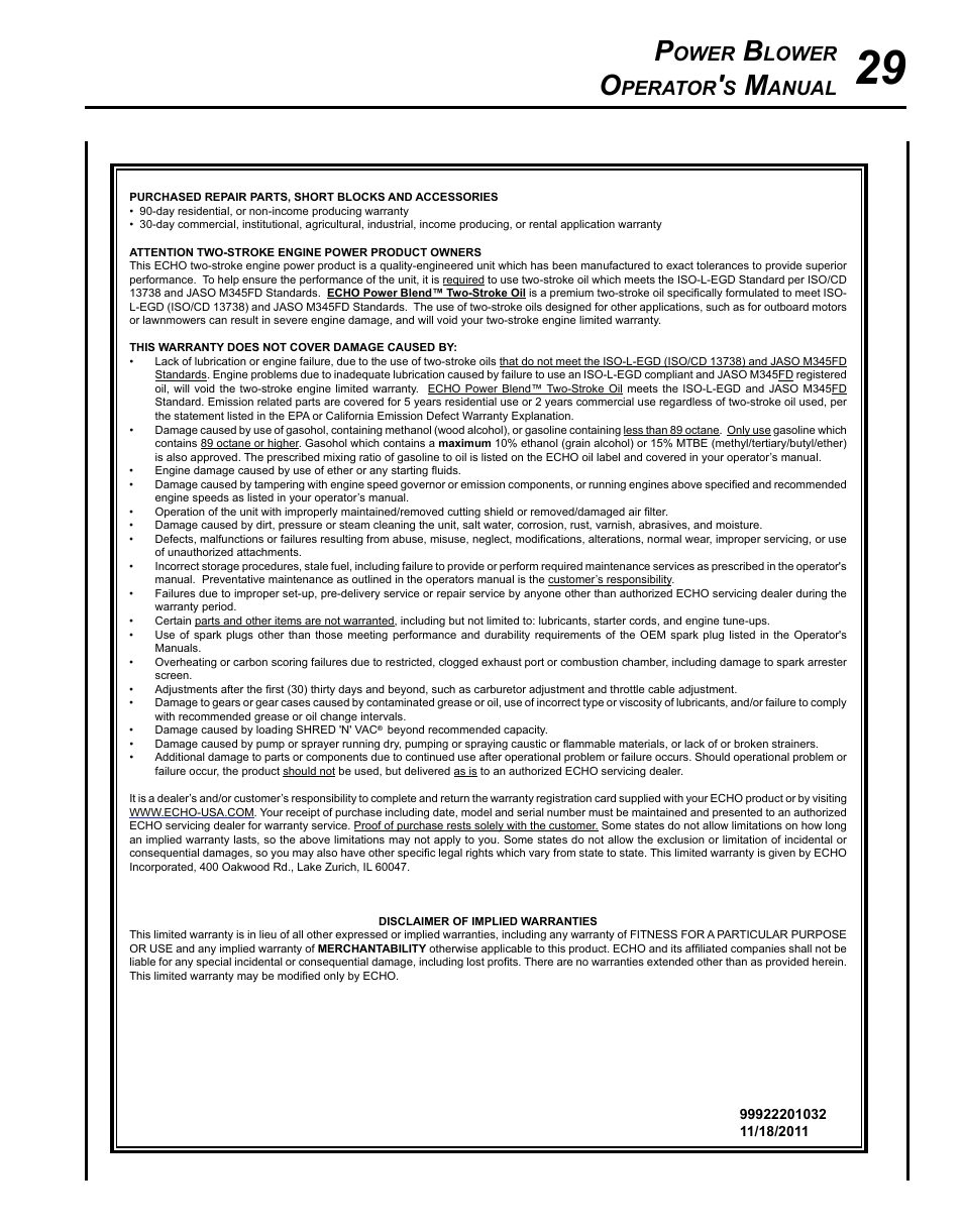 Ower, Lower, Perator | Anual | Echo PB-755ST User Manual | Page 29 / 32