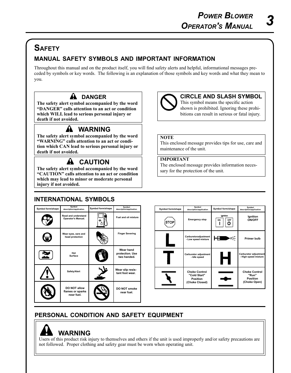 Warning, Caution, Ower | Lower, Perator, Anual, Afety manual, Safety, Symbols, Important | Echo PB-755ST User Manual | Page 3 / 32