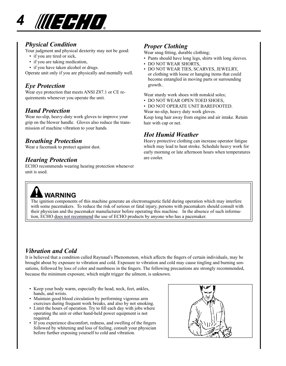 Physical condition, Eye protection, Hand protection | Breathing protection, Hearing protection, Vibration and cold, Proper clothing, Hot humid weather, Warning | Echo PB-755ST User Manual | Page 4 / 32
