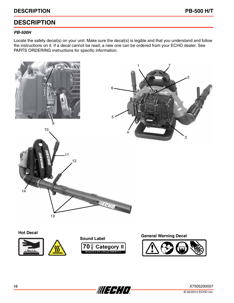 Description, Description pb-500 h/t | Echo PB-500T User Manual | Page 10 / 36