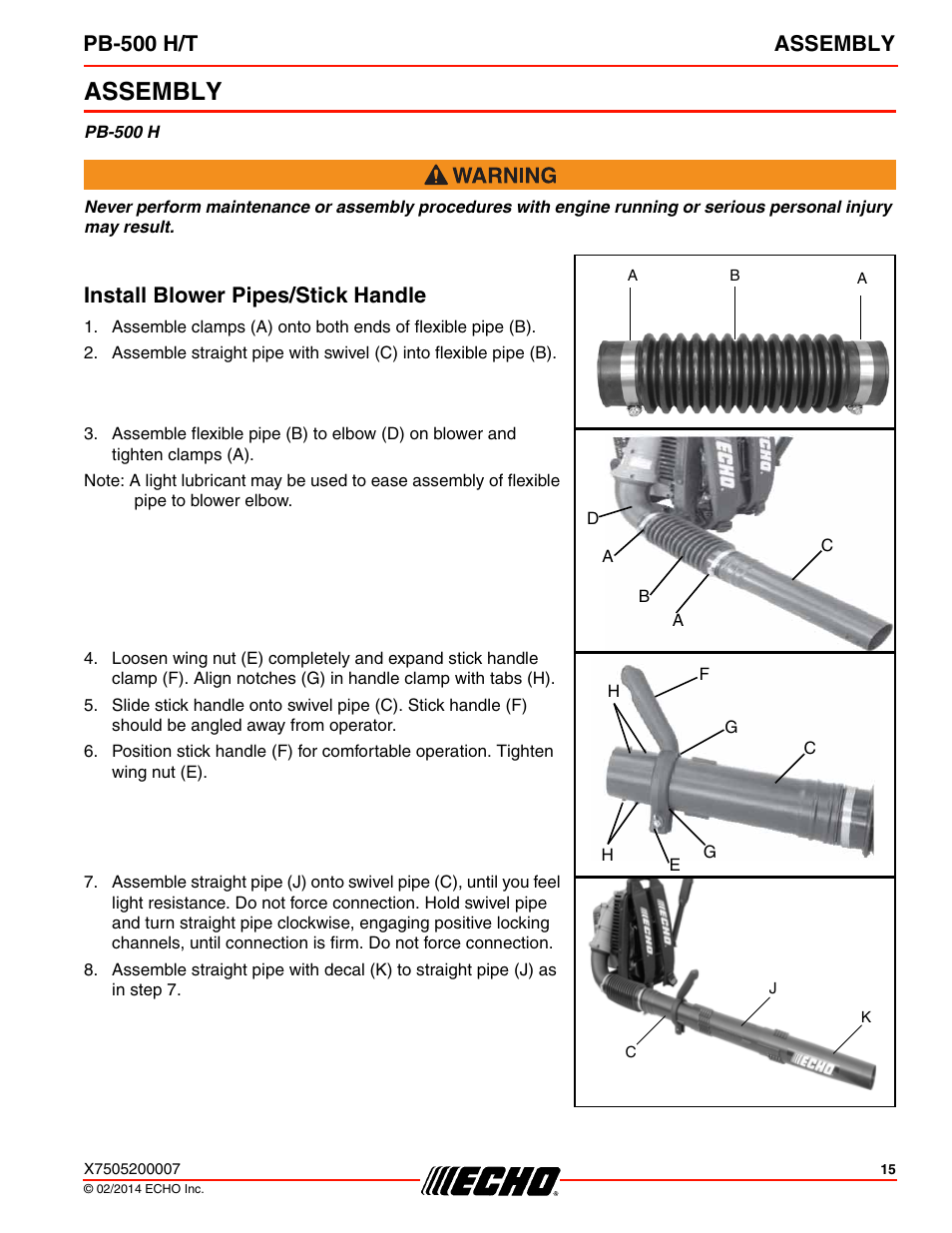 Assembly, Install blower pipes/stick handle, Pb-500 h/t assembly | Echo PB-500T User Manual | Page 15 / 36