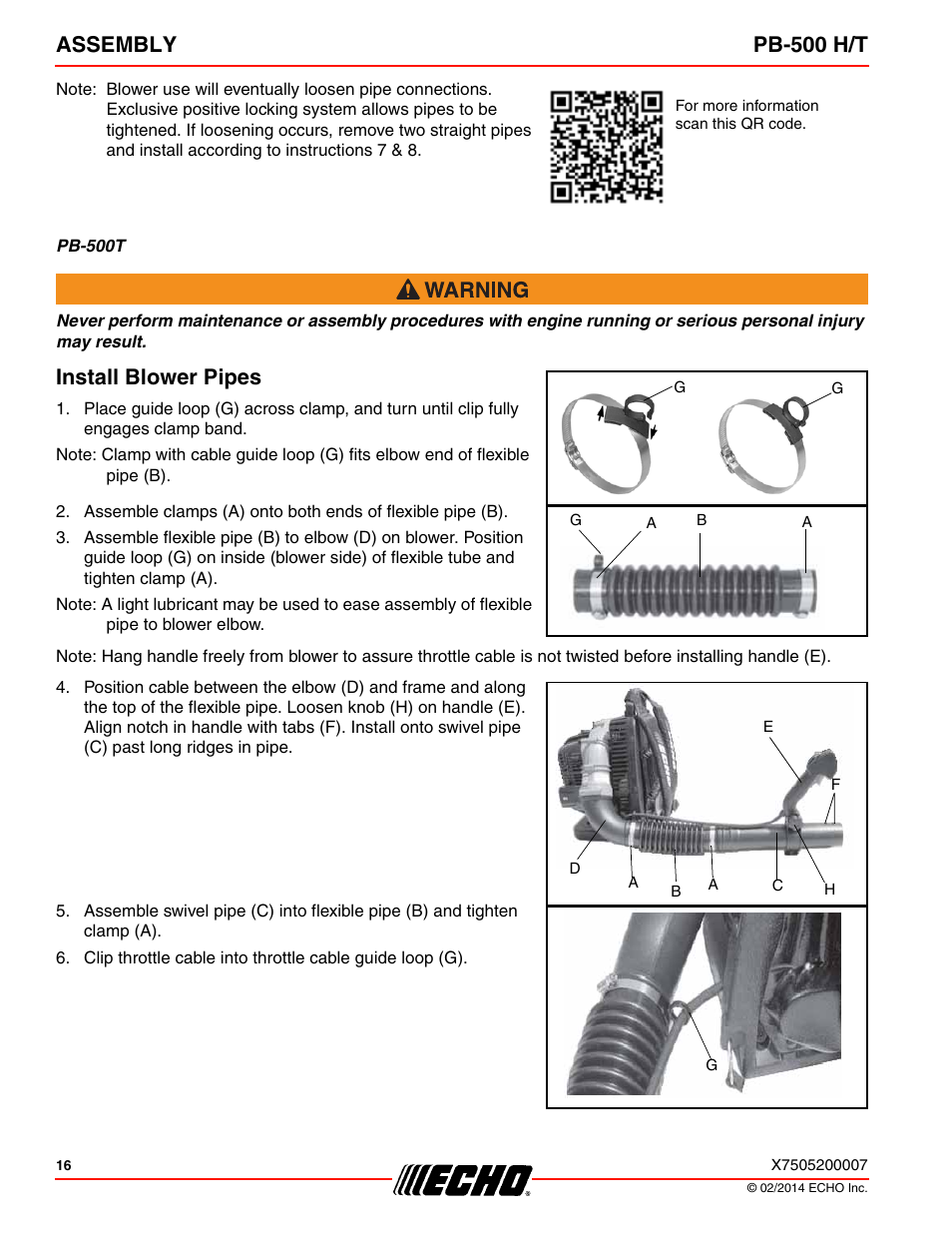 Install blower pipes, Assembly pb-500 h/t | Echo PB-500T User Manual | Page 16 / 36