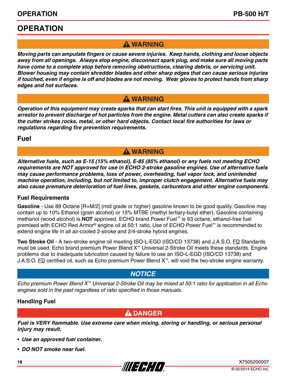 Operation, Fuel, Fuel requirements | Handling fuel, Operation pb-500 h/t | Echo PB-500T User Manual | Page 18 / 36