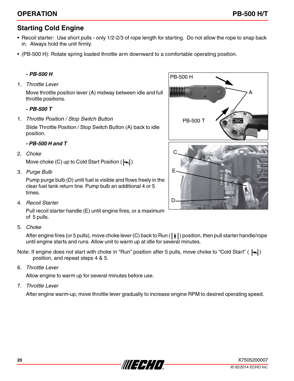 Starting cold engine, Operation pb-500 h/t starting cold engine | Echo PB-500T User Manual | Page 20 / 36