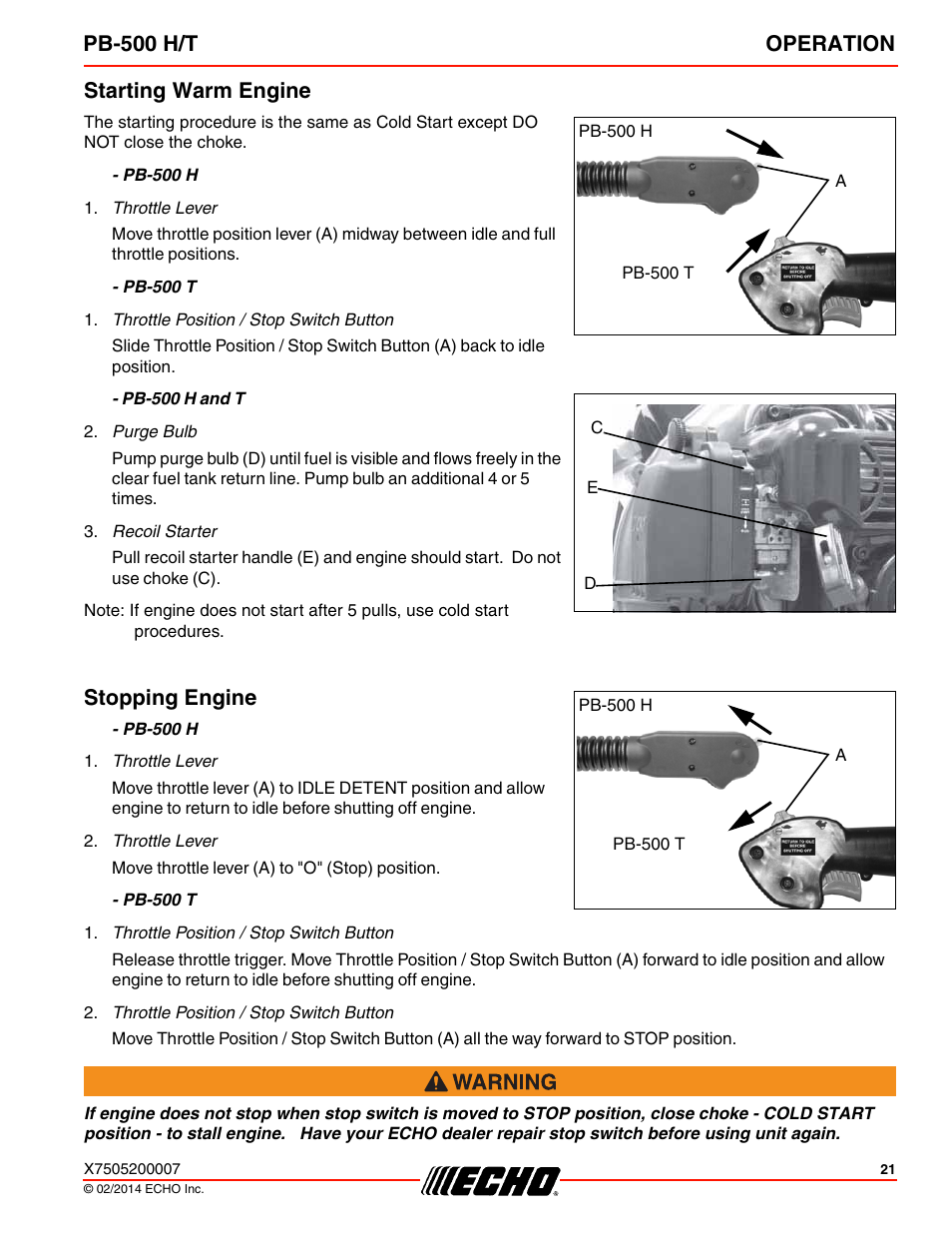 Starting warm engine, Stopping engine, Starting warm engine stopping engine | Pb-500 h/t operation | Echo PB-500T User Manual | Page 21 / 36