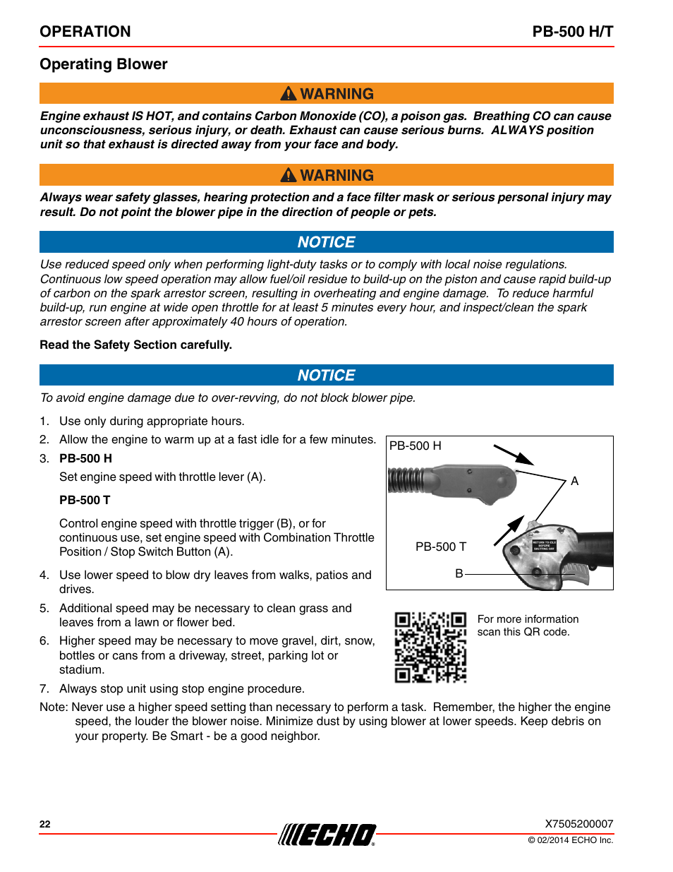 Operating blower, Operation pb-500 h/t operating blower | Echo PB-500T User Manual | Page 22 / 36
