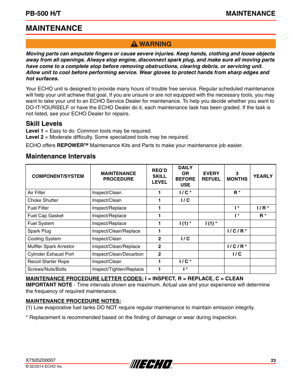 Maintenance, Skill levels, Maintenance intervals | Skill levels maintenance intervals, Pb-500 h/t maintenance | Echo PB-500T User Manual | Page 23 / 36