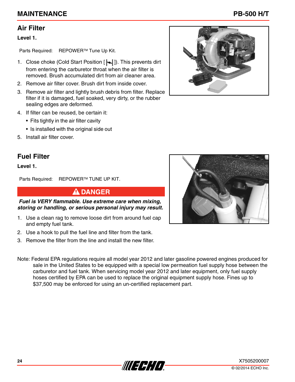 Air filter, Fuel filter, Air filter fuel filter | Maintenance pb-500 h/t air filter | Echo PB-500T User Manual | Page 24 / 36