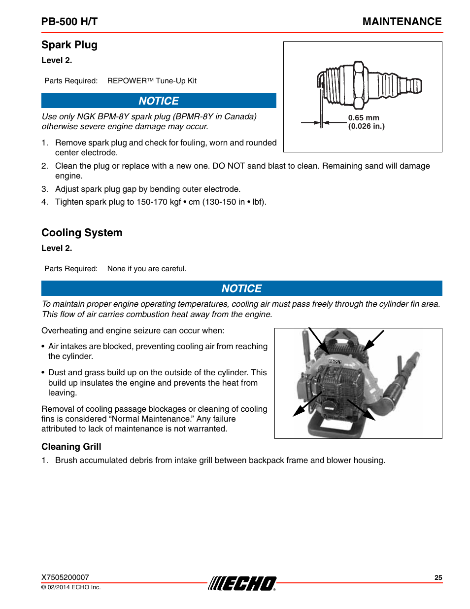 Spark plug, Cooling system, Cleaning grill | Spark plug cooling system, Pb-500 h/t maintenance | Echo PB-500T User Manual | Page 25 / 36