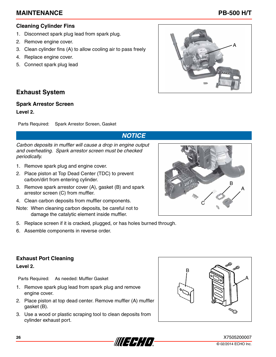 Cleaning cylinder fins, Exhaust system, Spark arrestor screen | Exhaust port cleaning, Maintenance pb-500 h/t | Echo PB-500T User Manual | Page 26 / 36