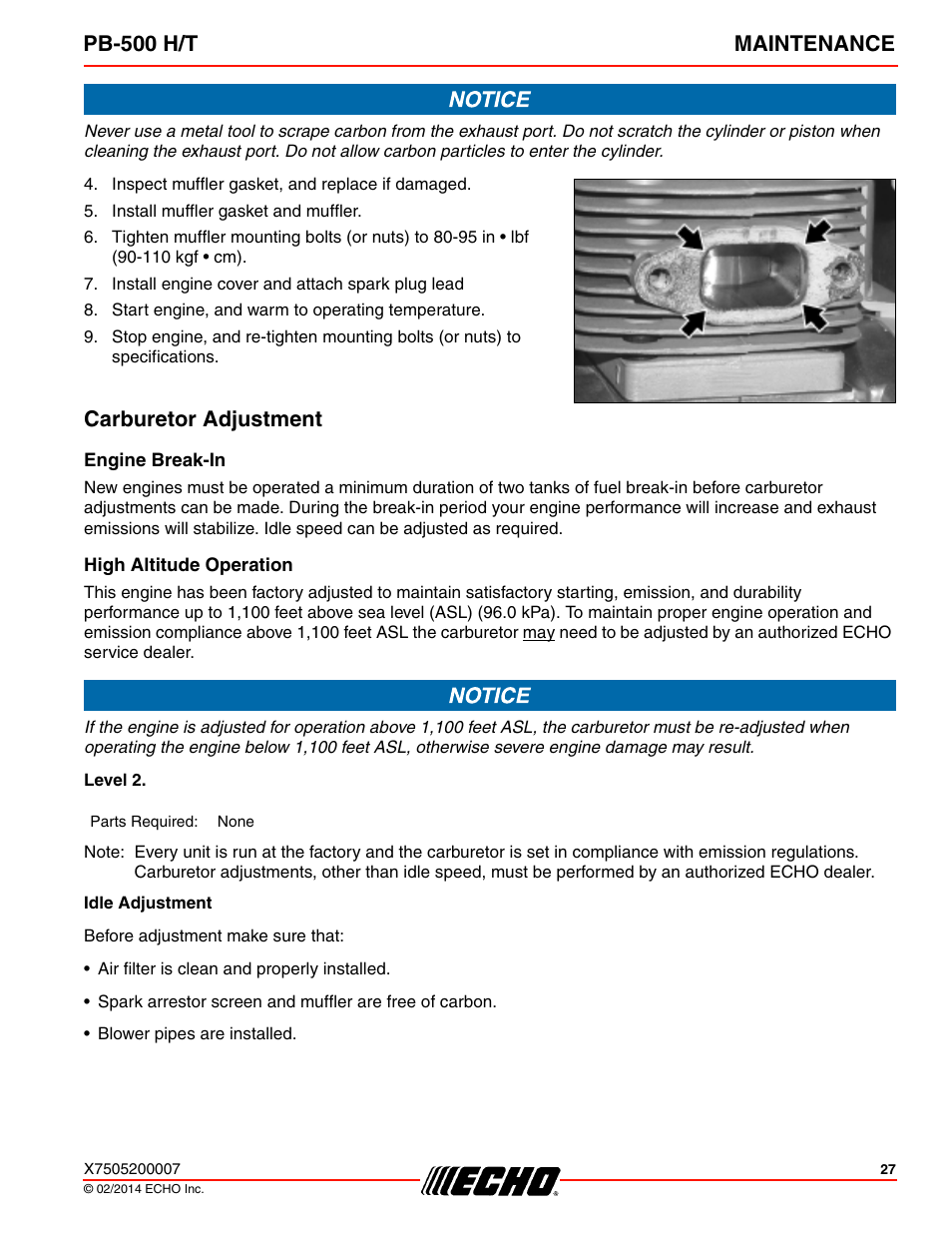 Carburetor adjustment, Engine break-in, High altitude operation | Pb-500 h/t maintenance | Echo PB-500T User Manual | Page 27 / 36