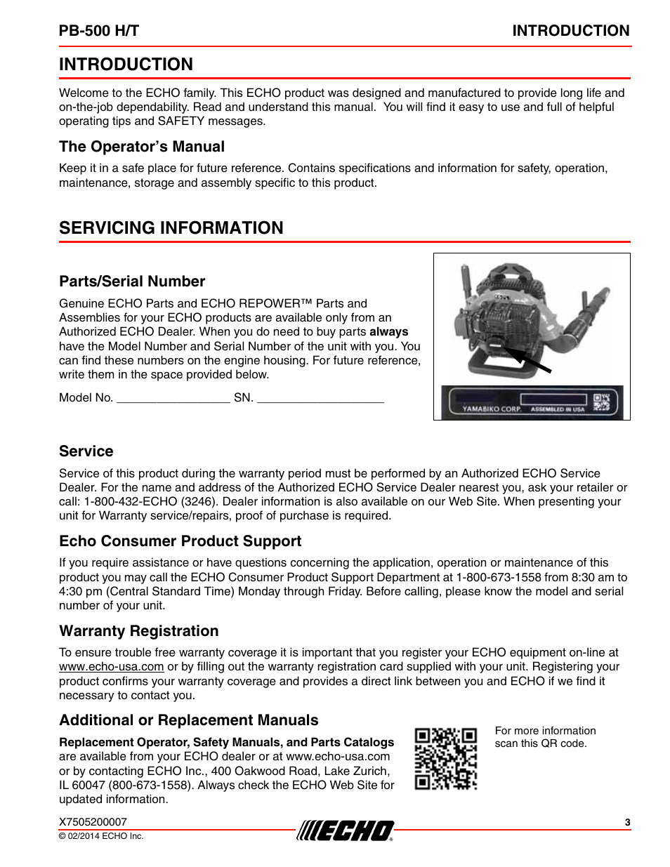 Introduction, The operator’s manual, Servicing information | Parts/serial number, Service, Echo consumer product support, Warranty registration, Additional or replacement manuals | Echo PB-500T User Manual | Page 3 / 36