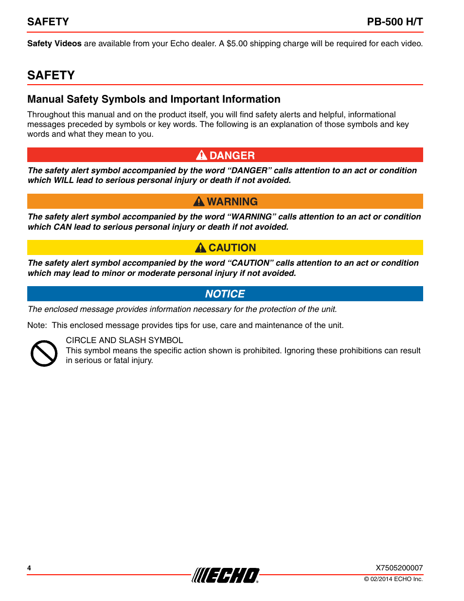 Safety, Manual safety symbols and important information | Echo PB-500T User Manual | Page 4 / 36