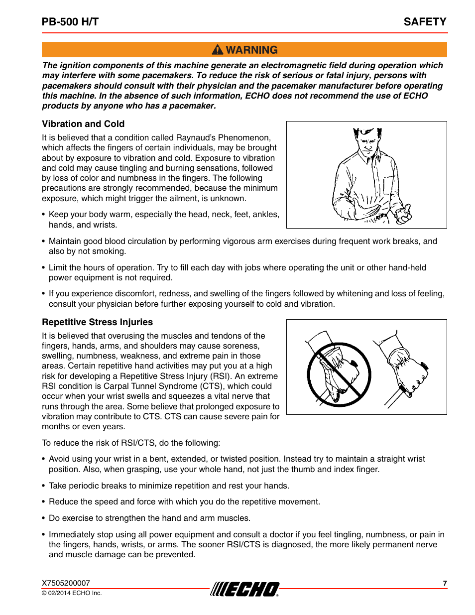 Vibration and cold, Repetitive stress injuries, Pb-500 h/t safety | Echo PB-500T User Manual | Page 7 / 36